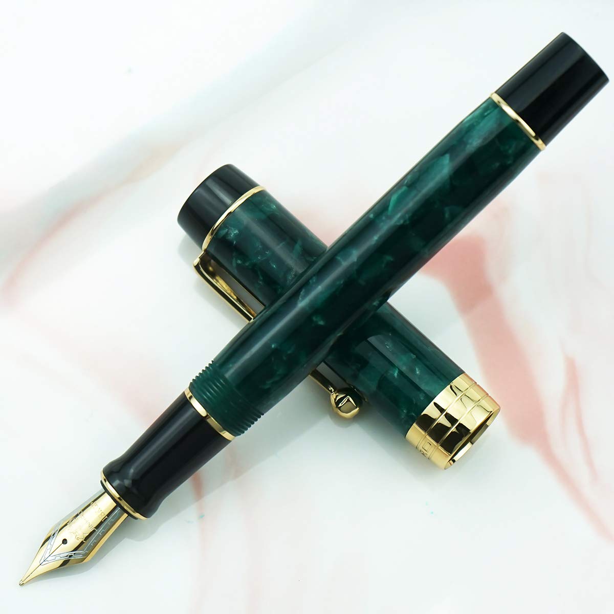 Jinhao 100 Classic Fountain Pen, Fine Nib Green Celluloid with Converter and Metal Pen Case Set