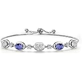 Gem Stone King 925 Sterling Silver White Lab Grown Diamond and Blue Iolite Bracelet For Women | 3.40 Cttw | Gemstone April Birthstone | Oval 7X5MM | Fully Adjustable 9 Inch