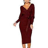CHERFLY Women's V Neck Sweater Dresses Batwing Long Sleeve Backless Bodycon Long Dress with Belt