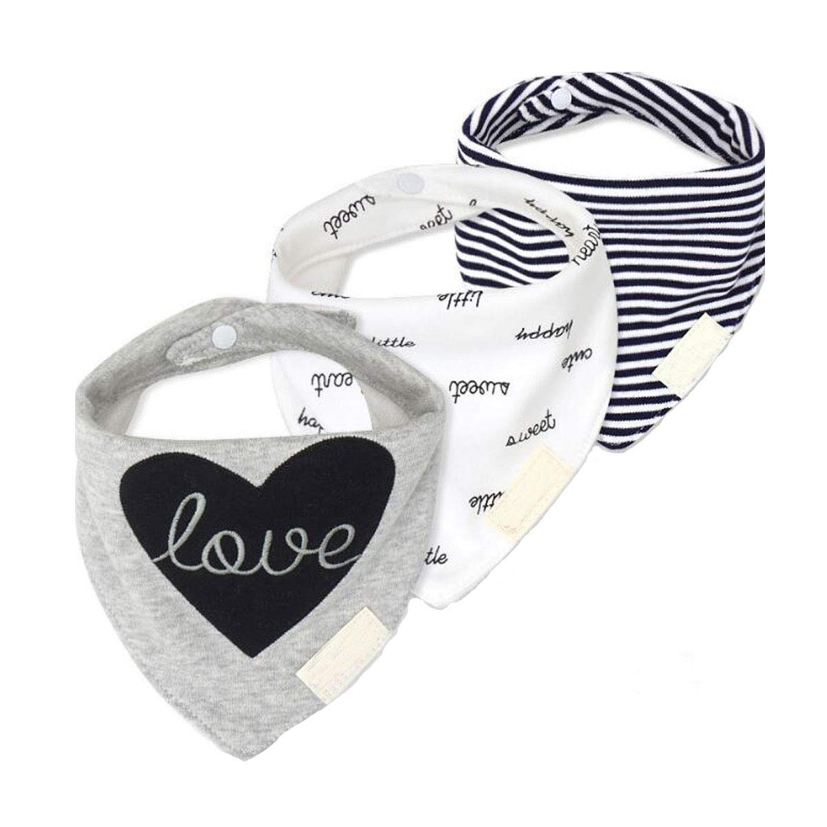 JZLPIN Baby Dribble Bib, Toddler Bandana Bib 3 Packs Super Absorbent Cotton Feeding Bibs 46-Love