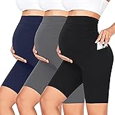 GROTEEN 3 Pack Women's Maternity Shorts Over Belly with Pockets - 8'' High Waisted Workout Yoga Pregnancy Biker Shorts