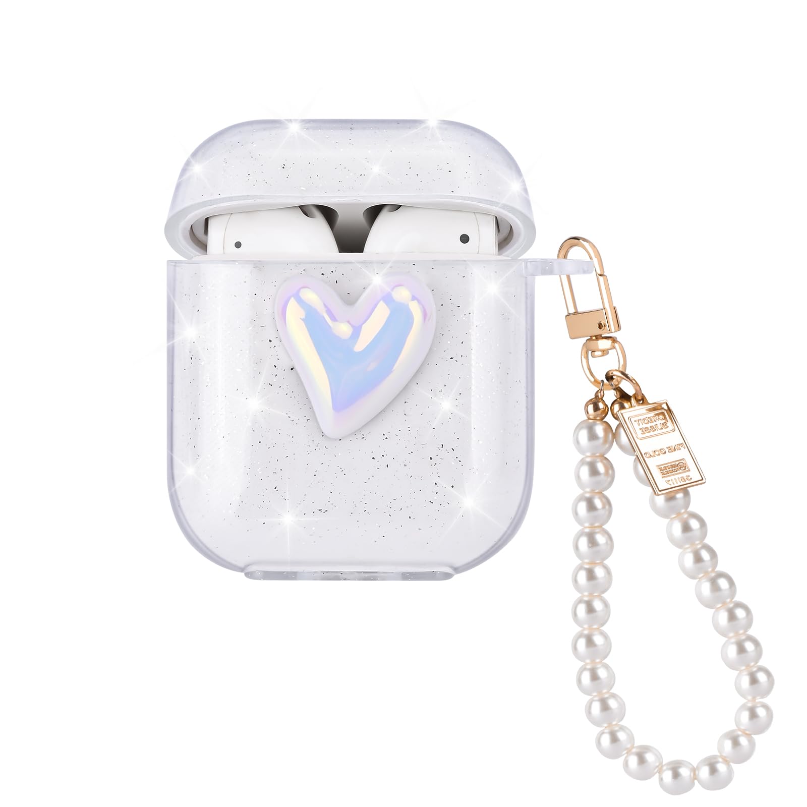Cute Case for AirPods 1/2 Sparkle with Pearl Wrist Bracelet Keychain, 3D Love Heart Design Glitter for Women Girls Soft TPU Full-Body Protective Shockproof Cover for AirPods 2nd Generation