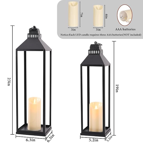 MATAHUM 23″ 19″ LARGE LANTERNS DECORATIVE OUTDOOR INDOOR, SET OF 2 MODERN FARMHOUSE BLACK FLOOR LANTERN WITH CANDLES, HALLOWEEN, CHRISTMAS LANTERNS FOR FIREPLACE, MANTLE, PORCH, PATIO, HOME DECOR