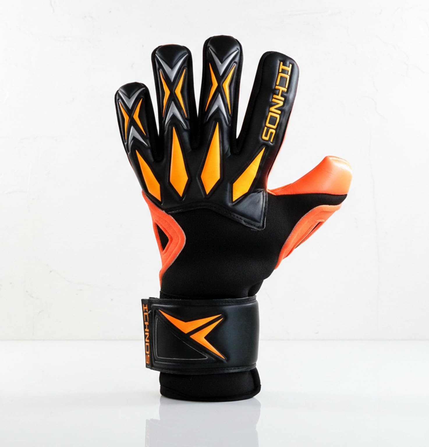 ICHNOS Defract Pro adult size football extended palm finger saver goalkeeper gloves Black/Orange/Silver (9)