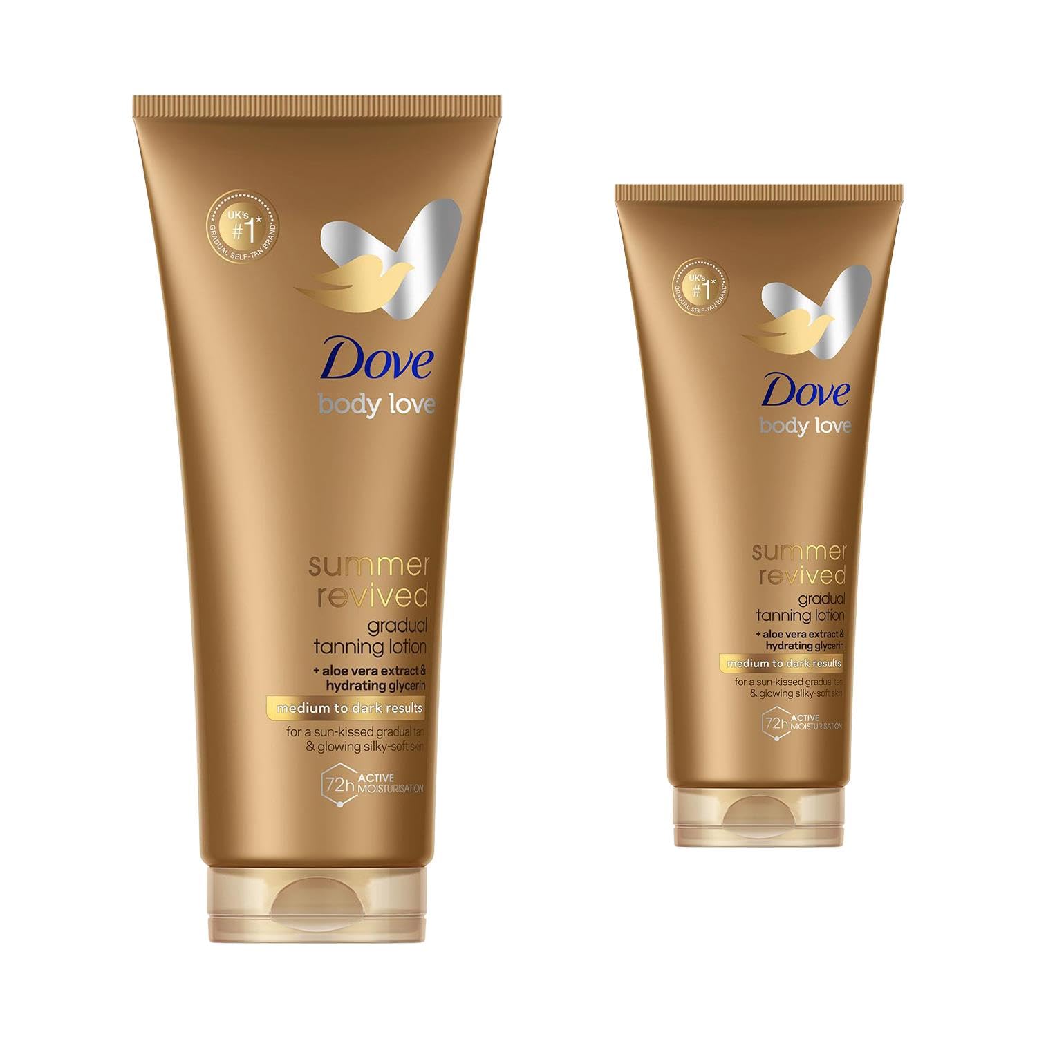 Dove Derma Spa Summer Revived Medium to Dark Skin Body Lotion, Tanning Moisturiser, Gradual Tan Moisturiser, Skinny, Self, Face with Aloe Vera Extract and Hydrating Glycerin (Pack of 2)