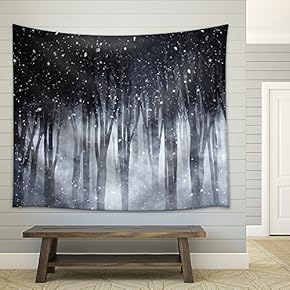 3D Render of a Spooky Foggy Forest on a Snowy Night - Fabric Wall Tapestry Home Decor - 51x60 inches