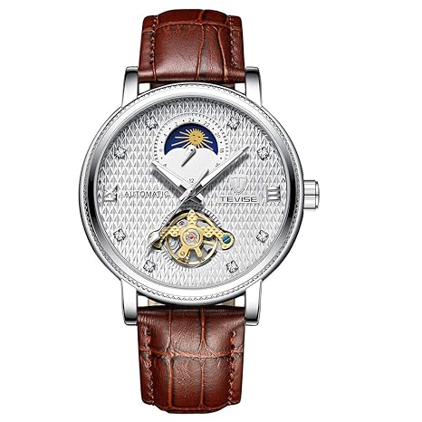 TEVISE Herren Business Automatische Mechanische Uhr Zeit Mondphase Display Lässig Leuchtende Hände Lederband Leben Herrenuhr