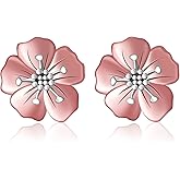 Hibiscus Earrings Studs for Women - 925 Sterling Silver Hibiscus Flower Stud Earrings Rose Gold-plated Floral Earring Hypoallergenic Gift