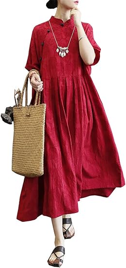 Amazon Co Jp レディース 綿麻 チャイナドレス ワンピース 半袖 立ち襟 ドレス ロング丈 民族風 ナチュラル ゆったり 体型カバー カジュアル フォーマル 復古 フリーサイズ ワインレッド 服 ファッション小物