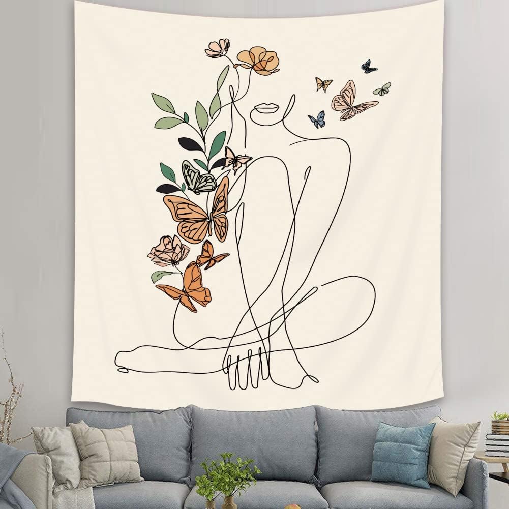 Tapestries - SVBright Abstract Woman Butterfly Fabric Wall Hanging Tapestry 51Wx59H Inch Minimalist Modern Flower Plant Mid Century Terracotta Aesthetic Portrait Beige Home Decor Art for Living Room Bedroom Dorm