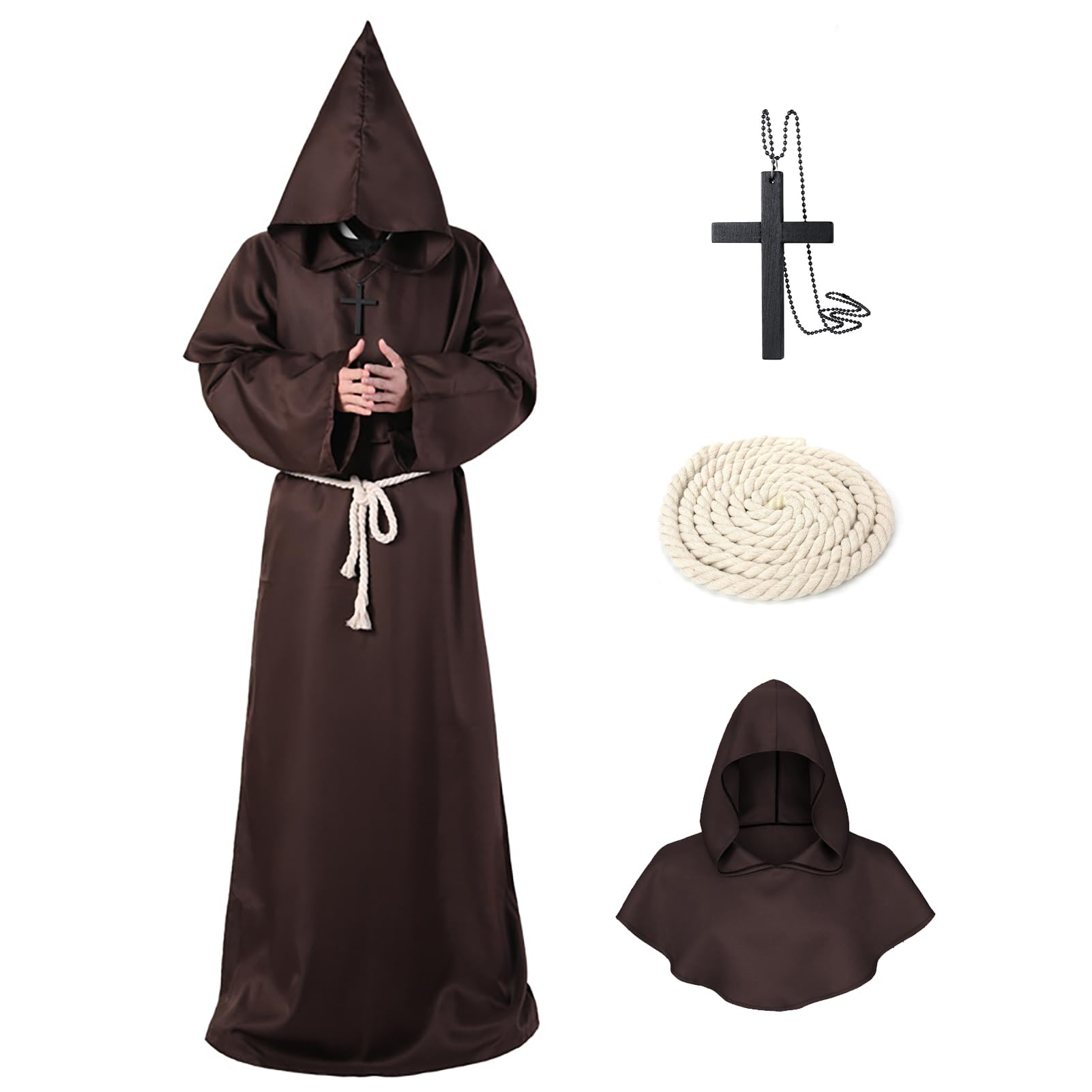 MEIRRAI Monk Robe Priest Robe Halloween Costume with Hood and Cross Ornament, Hood Women Men for Theme Party Fancy Dress (Brown, L)