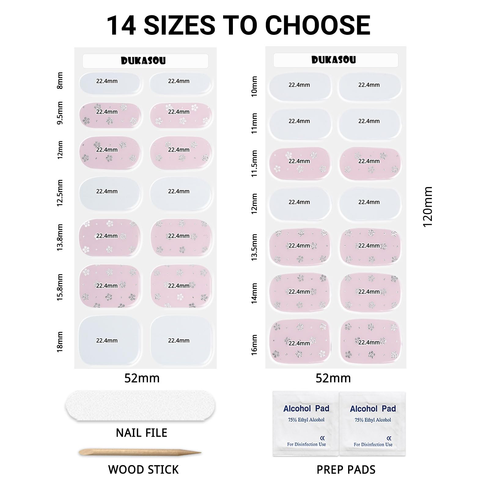 DUKASOU Semi Cured Gel Nail Strips, Plum Blossom | 28 pcs Gel Nail Strips Work with Any UV Lamp, Salon Quality Nail stickers, Include Prep Pads, Nail File&Wood Stick