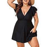 Smismivo Plus Size Swimsuit for Women One Piece Swim Dress Tummy Control Bathing Suit Slimming Ruffle Curvy Swimwear