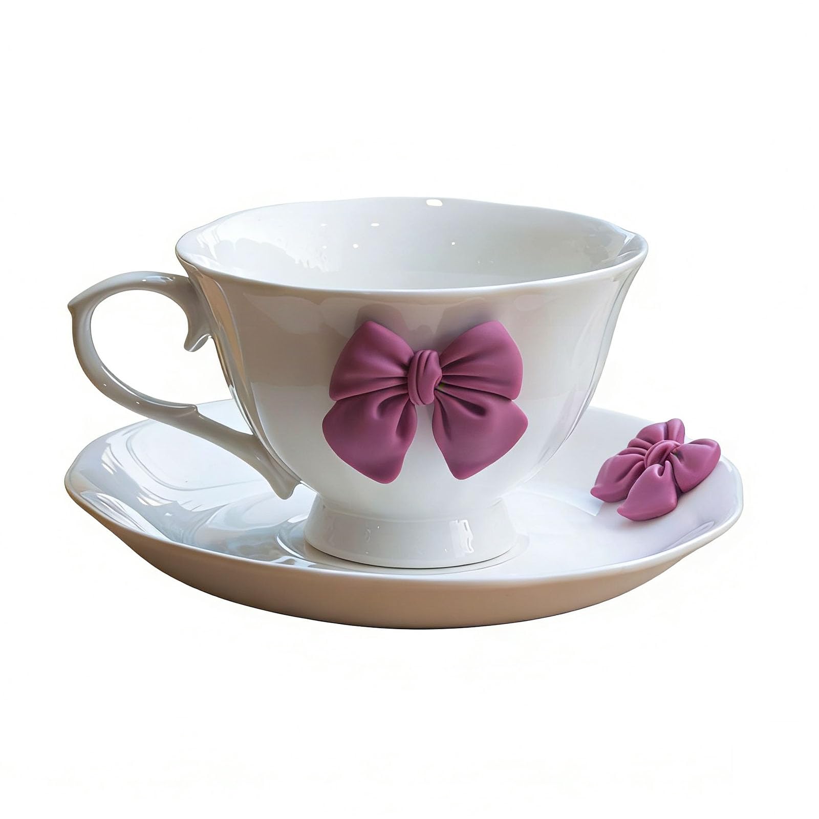Hosoncovy Ceramic Coffee Mup with Saucer,Bow Tea Cup with Coaster Set Gifts for Women Girls