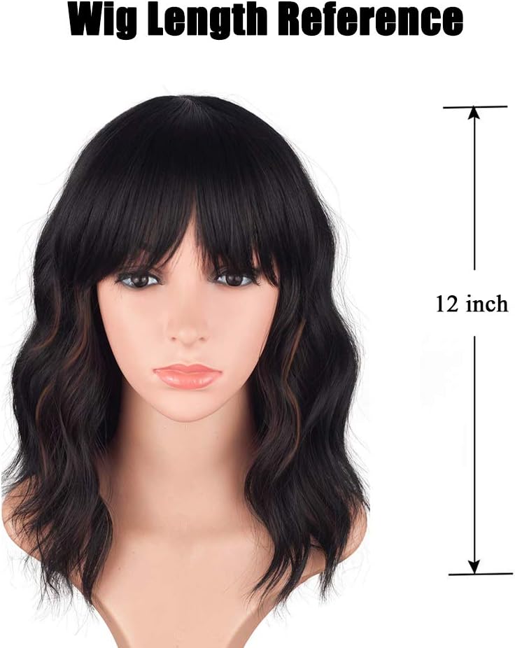 YEESHEDO Short Wavy Curly Bob Wigs with Fringe for Women Natural Hair Wig Heat Resistant Fiber for Daily Use or Cosplay Party (Black with Brown) - Image 5