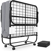 Karcog Rollaway Bed with Mattress for Adults, Folding Bed with Memory Foam Mattress and Sturdy Metal Frame, Cot Size Portable Guest Bed on Wheels with Storage Cover, 75” x 31”