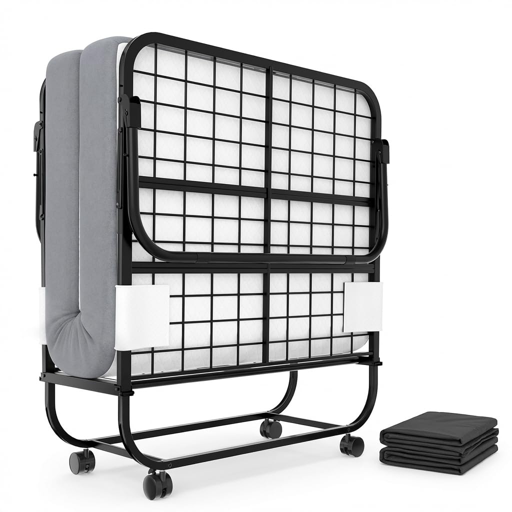 Photo 1 of Karcog Rollaway Bed with Mattress for Adults, Folding Bed with Memory Foam Mattress and Sturdy Metal Frame, Cot Size Portable Guest Bed on Wheels with Storage Cover, 75” x 31”