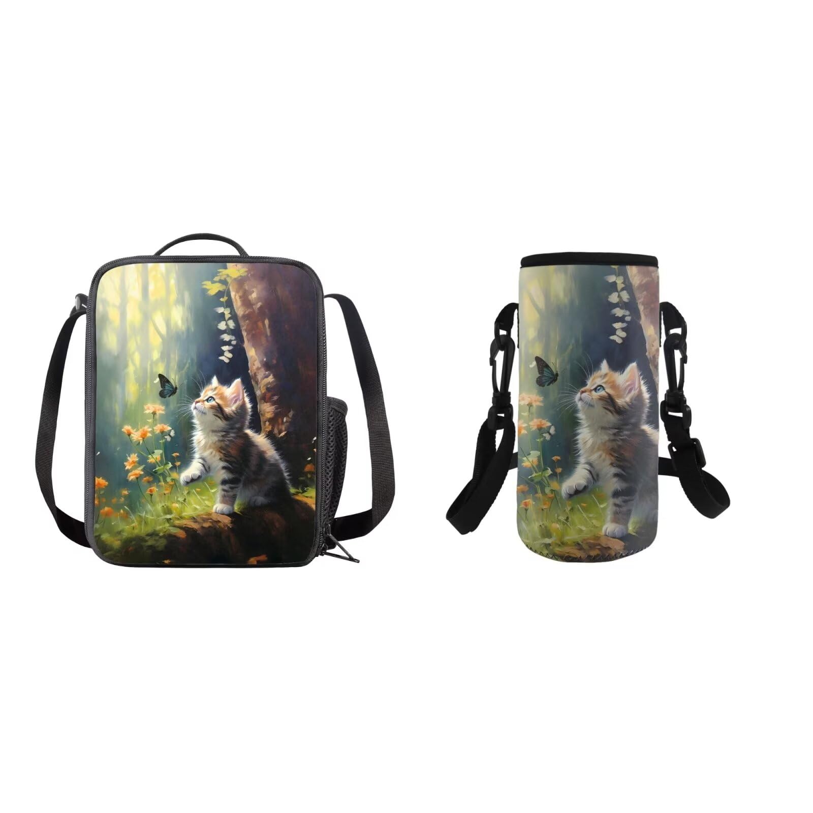 COEQINE Kawaii Cat Butterfly Lunch Bag Kids Women Girls Spring Floral Green Lunch Boxes Set 2 Pieces for School Middle Highschool Water Bottle Strap