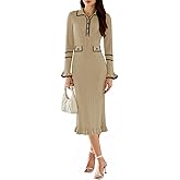 Pink Queen Women's V Neck Bodycon Sweater Dress 2026 Long Sleeve Half Button Slim Fitted Ruffle Ribbed Knit Maxi Pencil Dress