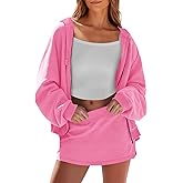 Fisoew Womens Sweatsuits 2 Piece Set Loose Fit Zip Up Skort Set Hoodies Sweatshirt Casual Skorts Fall Tracksuits 2025