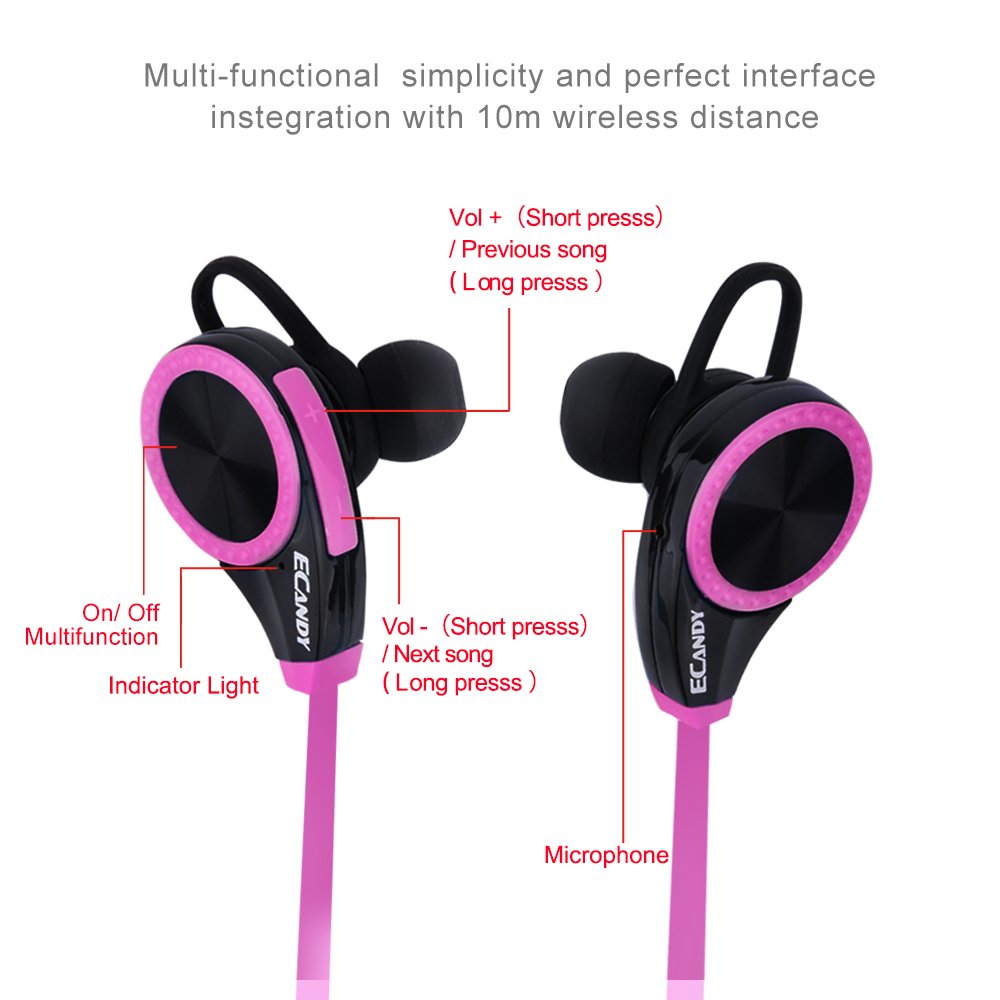 Wireless Bluetooth Runner Headset Sport Headphones with Mic, Ecandy Sweatproof Earbuds for Gym Running Noise Cancelling Headsets - Rose