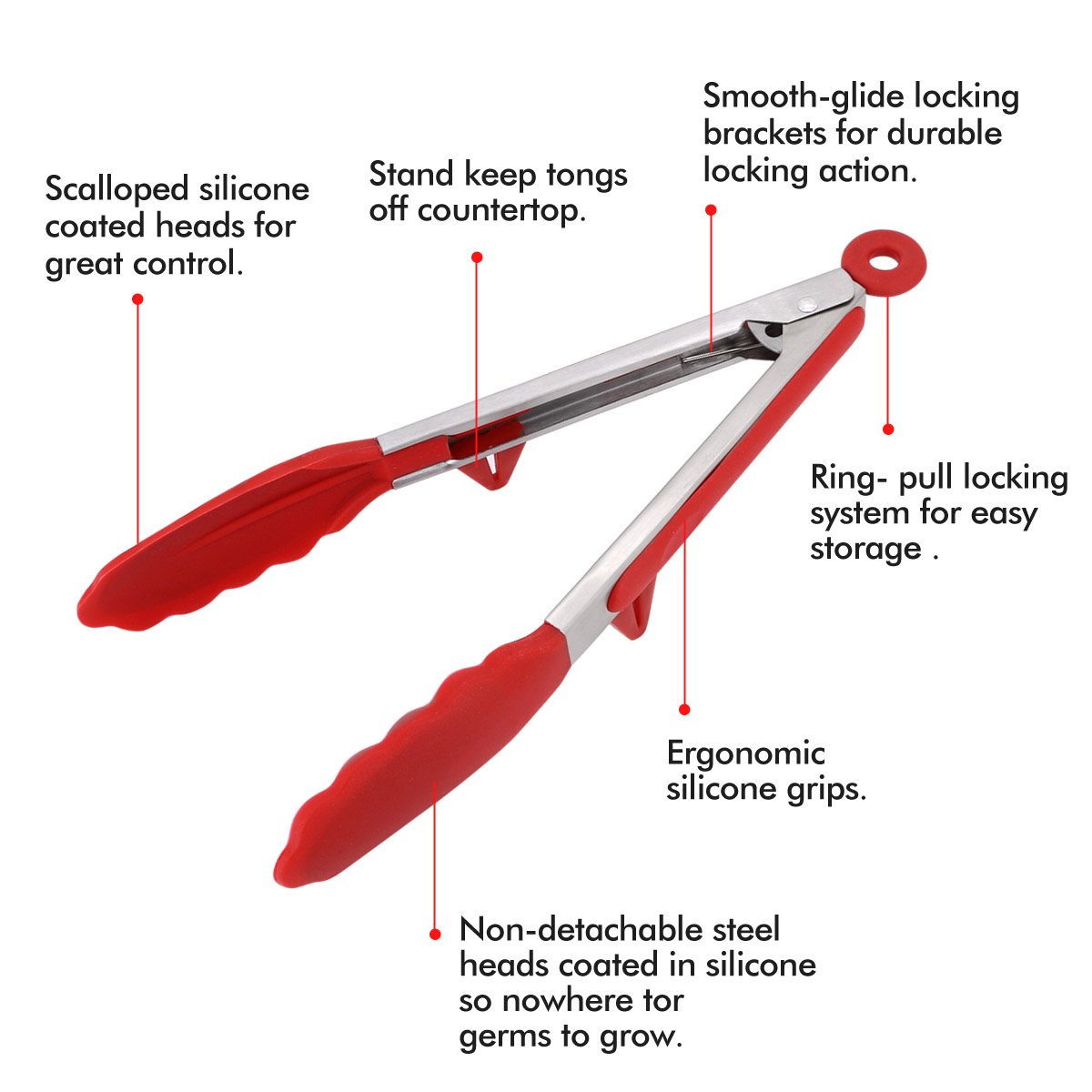 Phyles Pinzas de Cocina, Silicona de Cocina Premium Pinzas Antiadherentes 2 Pack 9 y 12 Pulgadas(Rojo)