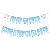 Blopee Blue Snowflake Happy Birthday Banner Sign for Winter Wonderland Birthday Decorations Prestrung