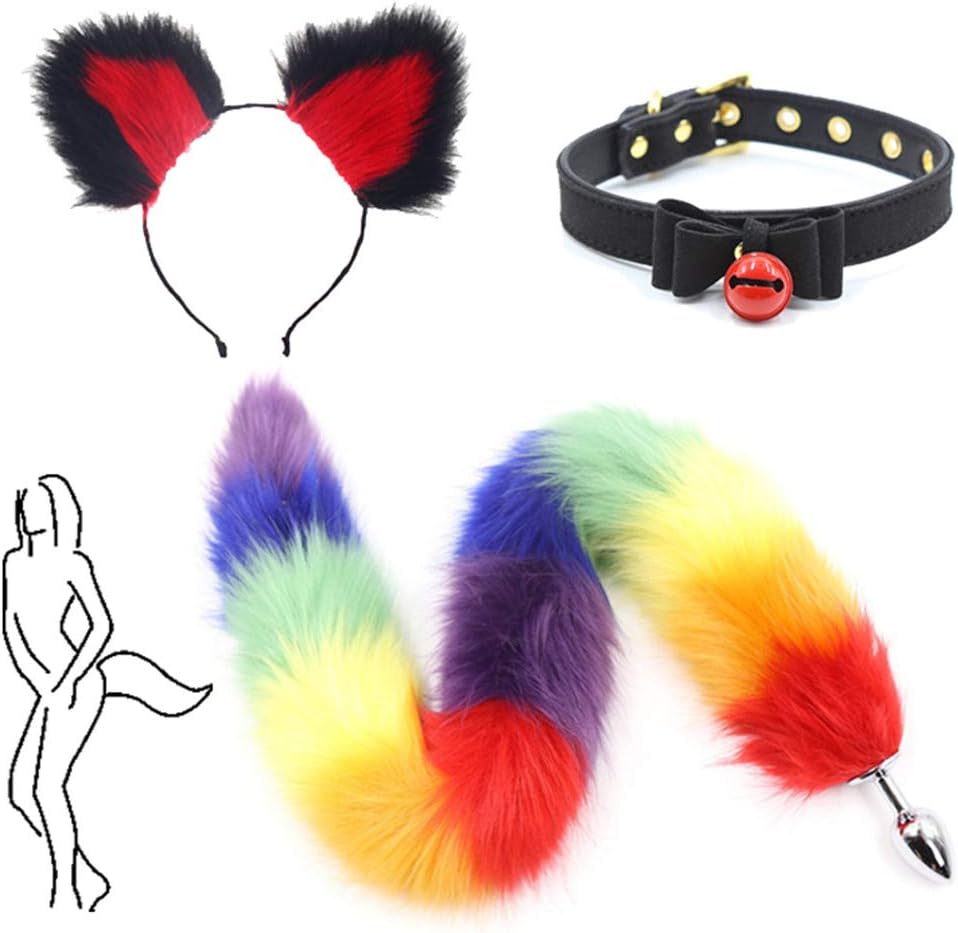 3Pcs, Headband- Long Rainbow Cosplay B-ü-t-t P-l-ǔ-g Fox Tail- Collar Halloween Party Toys (Black-Red, S)
