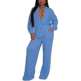 Elainone Women's 2 Piece Outfits Button-Down Shirt Long Sleeve and Flare Pleated Wide Leg Pant Sets With Pocket