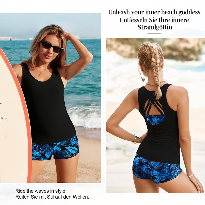 JASAMBAC 3 Piece Tankini Women's Tummy Control Push Up Bikini Top and High Waist Swim Shorts Simple Swimwear Women's Sports Swimsuit Swimwear for Swimming Pool Beach