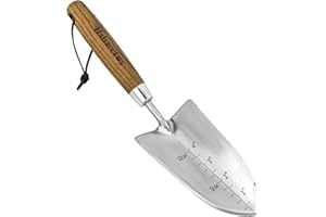Haliaeetus Garden Trowel with Serrated Edge, 4'' Depth Marks Planting Shovel, V-Shaped Sharp Edge Garden Tool, Stainless Steel with Comfortable Wood Handle for Planting and Weeding