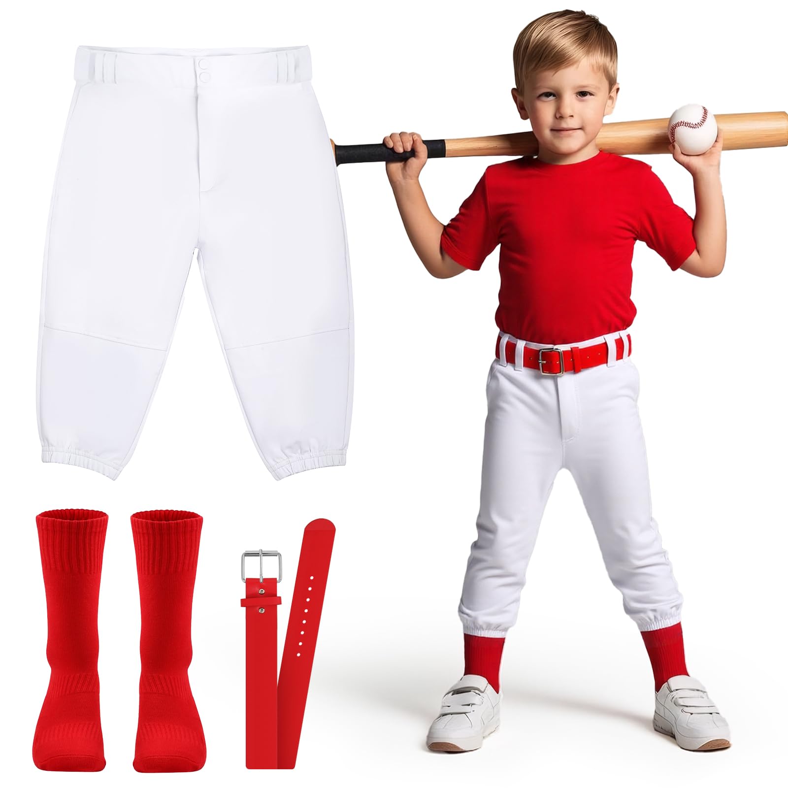Photo 1 of CHCLACE 5T Toddler Baseball Pants - Kids Tee Ball Pants for Boy Girl, Includes: Red Belt and Baseball Socks (5T)