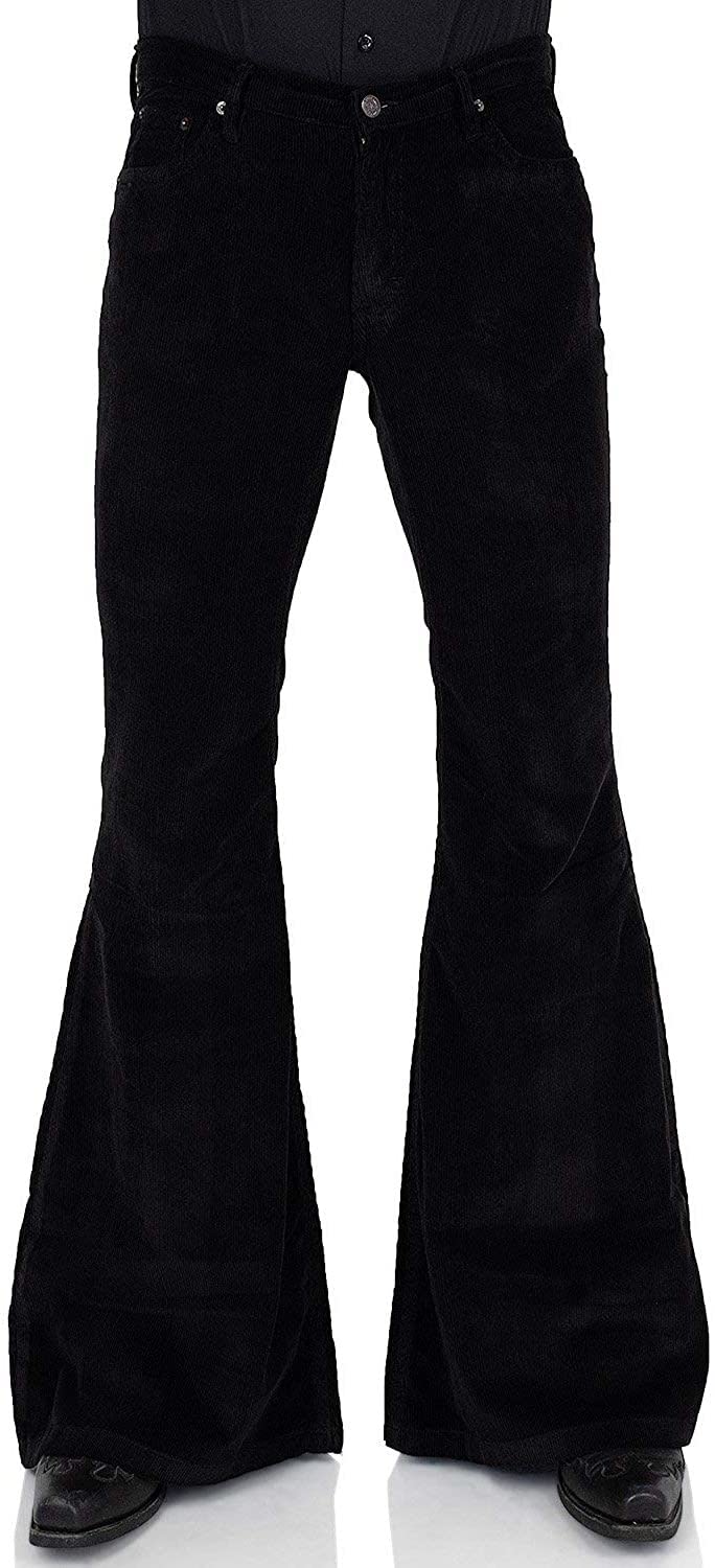 Photo 1 of Men's Corduroy Relaxed Vintage 60s 70s Bell Bottom Pants Stretch Fit Classic Comfort Flared Flares Retro Disco Pants, Black, X-Large