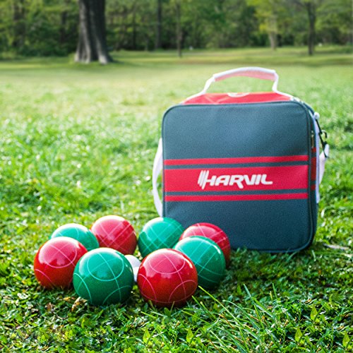 Harvil 100mm Bocce Ball Set. Includes 8 Poly-Resin Balls, 1 Pallino, 1 Nylon Zip-Up Carrying Case and Measuring Rope.
