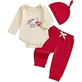 Kuriozud Baby My First Valentine's Outfits Long Sleeve Romper Bodysuit Top Pants Hat 3 Piece Clothes Set