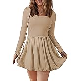 BLENCOT Dresses for Women Fall Long Sleeve Square Neck Bubble Party A Line Mini Dresses