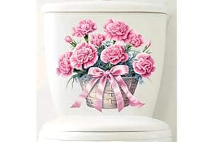 TOLOVIS Pink Bow Rose Toilet Cover Sticker Decals,Flower leaf bird Waterproof Toilet Lid Tank Seat Decals Cistern Self-Adhesive Bathroom Wall Sticker