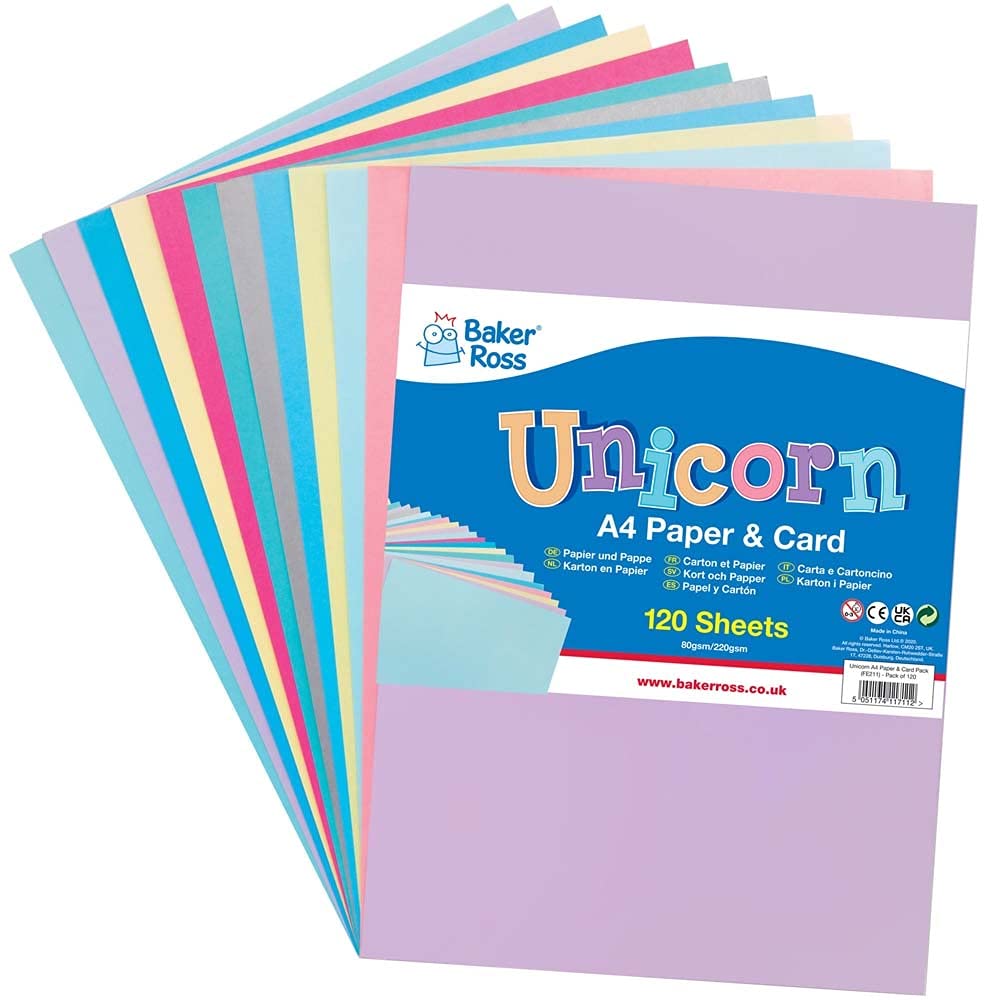 Baker Ross FE211 Unicorn A4 Paper & Card Pack - Pack of 120, Coloured Art Supplies for Kids Craft Making Activities, Unicorn