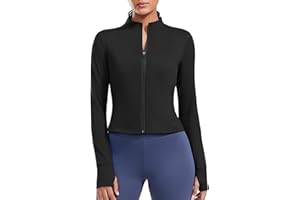 PINSPARK Women Cropped Workout Jackets Full Zip Slim Fit Athletic Jackets Thumb Holes Running Jacket with Zipper Pockets