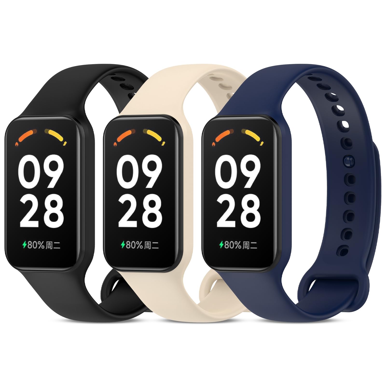 RenSheng 3 Pieces Silicone Straps for Xiaomi Smart Band 8 Active Strap, Replacement Strap Waterproof Breathable Compatible with Xiaomi Smart Band 8 Active Strap, Black - White - Blue, Xiaomi Smart