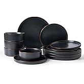 Famiware Nebula Ridge Stoneware Dinnerware Sets, Plates and Bowls Sets for 4, 12 Pieces Dishes Set, Microwave and Dishwasher Safe Kitchen Plates, Matte Black