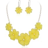 Flyonce Light Yellow Flower Statement Necklace Boho Summer Holiday Beach Jewelry Floral Flowers Collar Necklaces with Earrings for Women