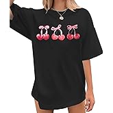KEEVICI Cute Cherry Pink Bow T Shirts for Women Fruit Coquette Aesthetic Shirt Oversized Tshirts Graphic Tees Cotton Tops
