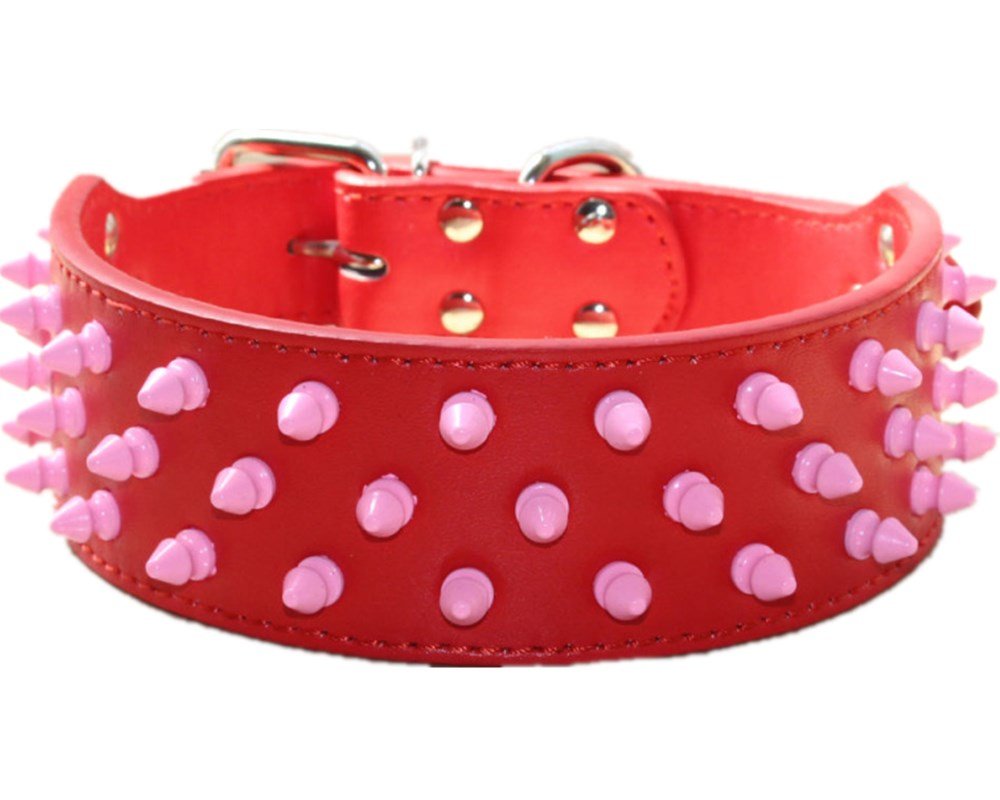 haoyueer 2 inch Wide Leather Dog Collars Cool Pink Spiked Studded Pet Dog Collar for Medium Large Dogs Pit Bull Mastiff Bully Boxer (XL, Red)