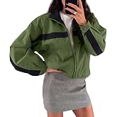 Fisoew Womens Cropped Zip Up Jacket Lightweight Windbreaker Casual Coat | Color Block, Stand Collar, Trendy Bomber Jacket, Windproof Outdoor, 2026 Fall Y2K Coat with Pockets