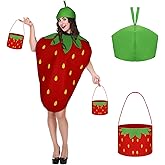 Janmercy Halloween Strawberry Costume for Women Adults Fruit Costumes Sweet Unisex Funny Fruit Costume Suit with Hat and Bag for Halloween Cosplay Party Supplies