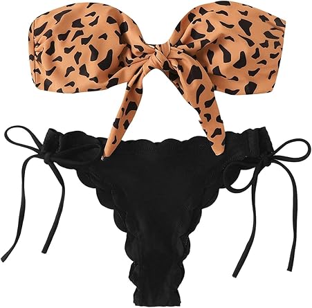 leopard trim bandeau bikini set