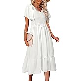 Chvity Women's Summer Casual V Neck Maxi Dress Ruffle Sleeve Smocked High Waist Midi Dress Empire Waist Short Sleeve Dress