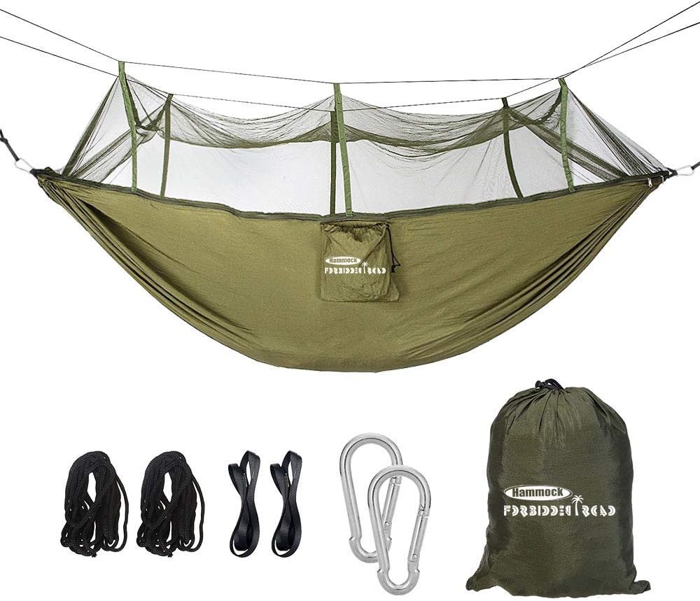 Forbidden Road Camping Hammock Single & Double Mosquito Net Hammock Capacity 330lbs Lightweight Portable 0.73lbs Outdoor Hiking Backpacking Travel Backyard Ropes Carabineers Included