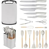 CADABY 19PCS White Kitchen Cooking Utensils Set Kitchen Tools Set | 6 Stainless Steel Knives, 11 Silicone Utensils with 1 Cutting Board, Ideal for Apartment